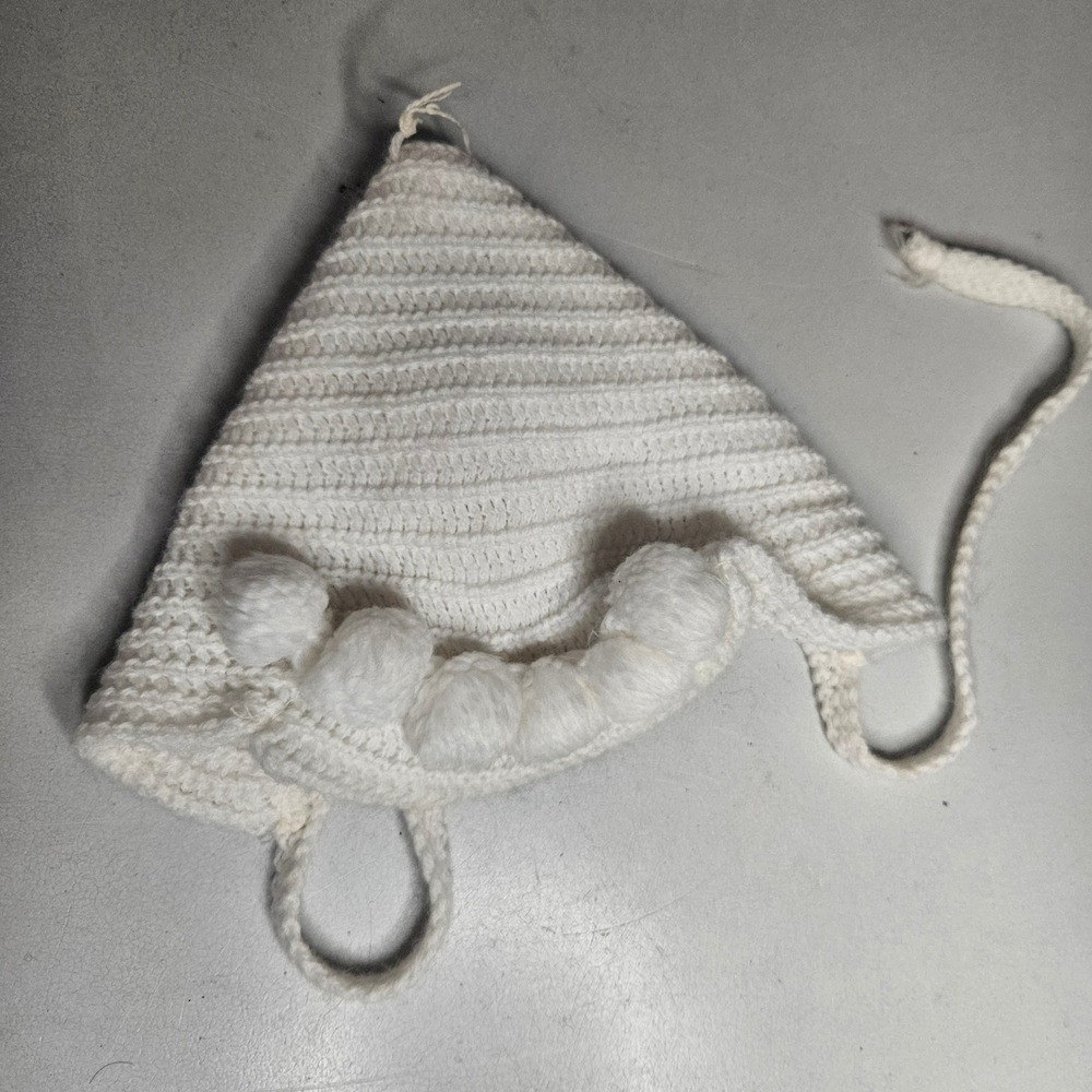 Handmade White Crochet Pixie Baby Bonnet with Pom Poms and Chin Straps